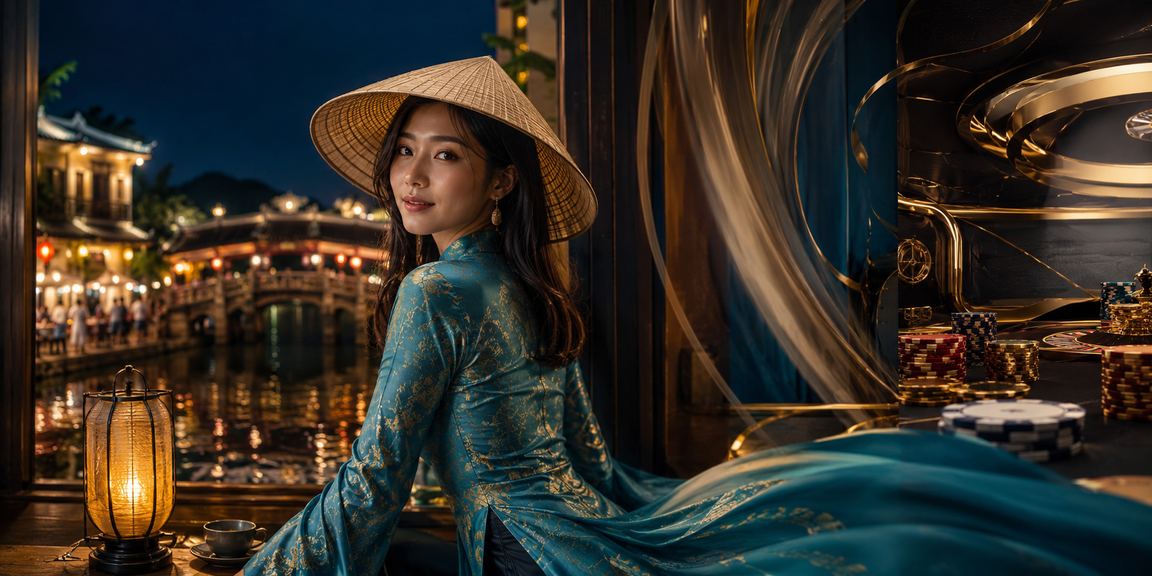 Phụ nữ Hội An mặc áo dài kiểm tra kết quả cá cược trên điện thoại buổi tối